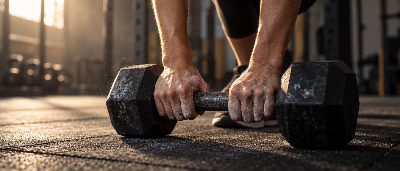 Hands gripping a dumbbell on a gym floor