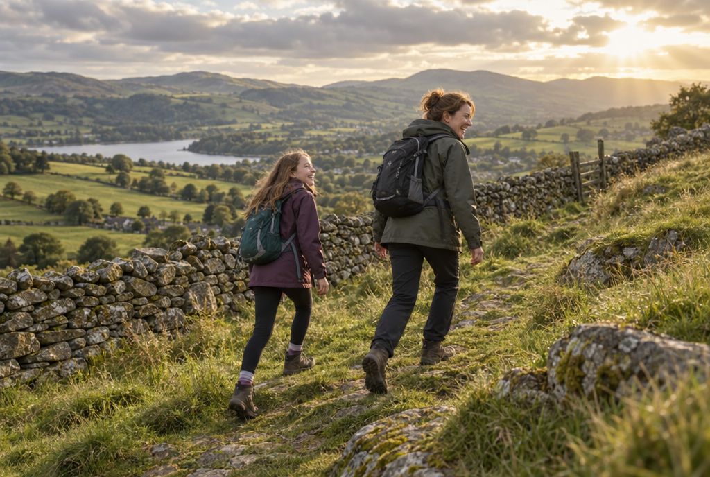 Mother and daughter walking up a green hillside path