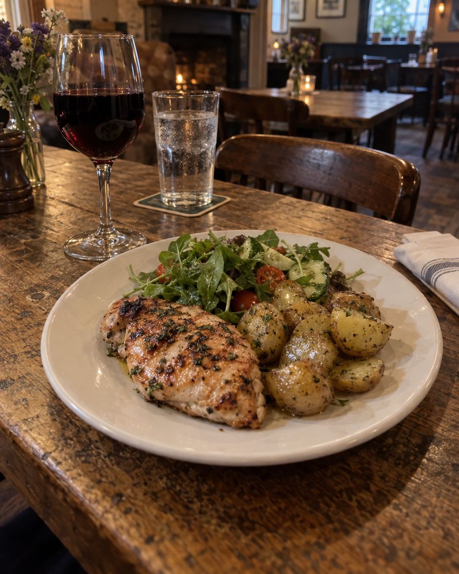 Pub dinner of grilled chicken, new potatoes and salad with a glass of red wine